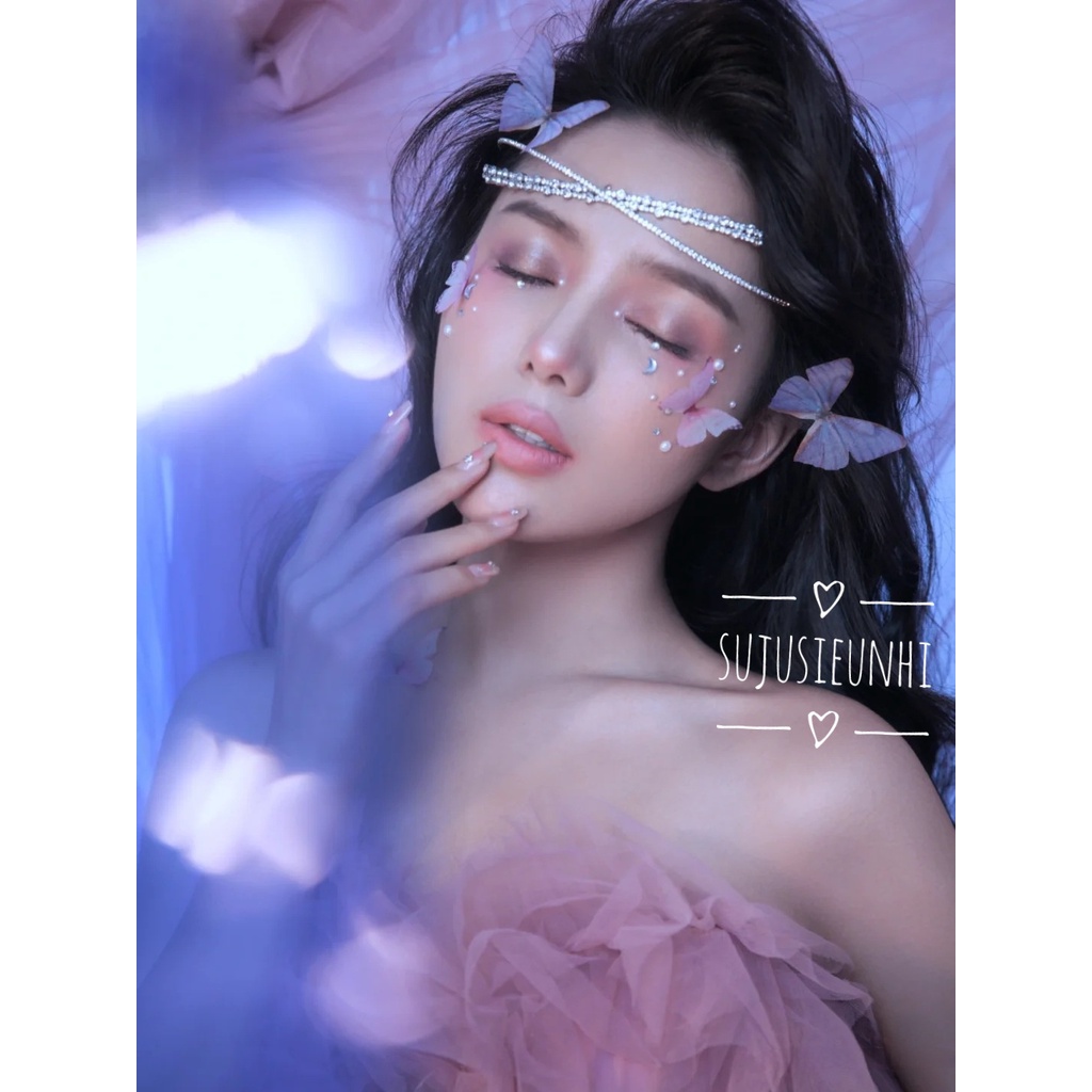1 con bướm vải voan 4 lớp makeup trang điểm, dính mặt, tóc trang trí, phụ kiện chụp ảnh