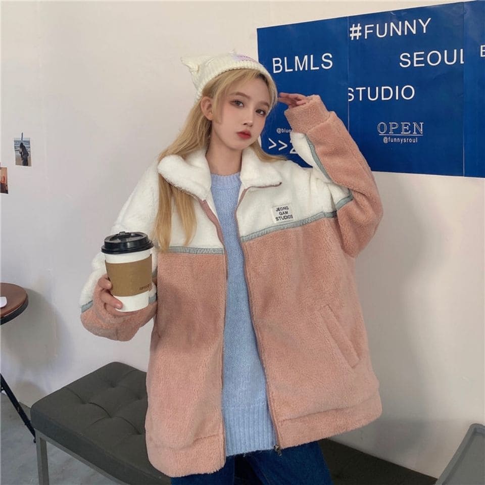 (Order) Áo khoác phối màu trắng hồng chất bông mịn mặc thu đông giống idol Hàn và Trung siêu phẩm có size