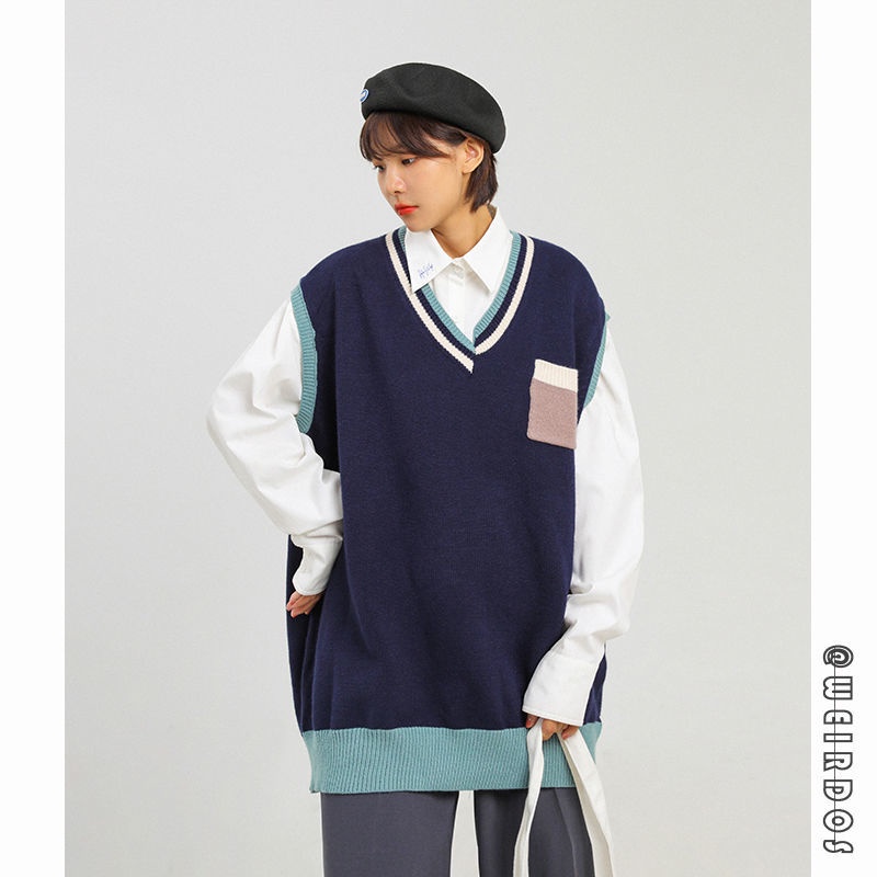 Áo len không tay phối màu tương phản phong cách vintage Nhật Bản