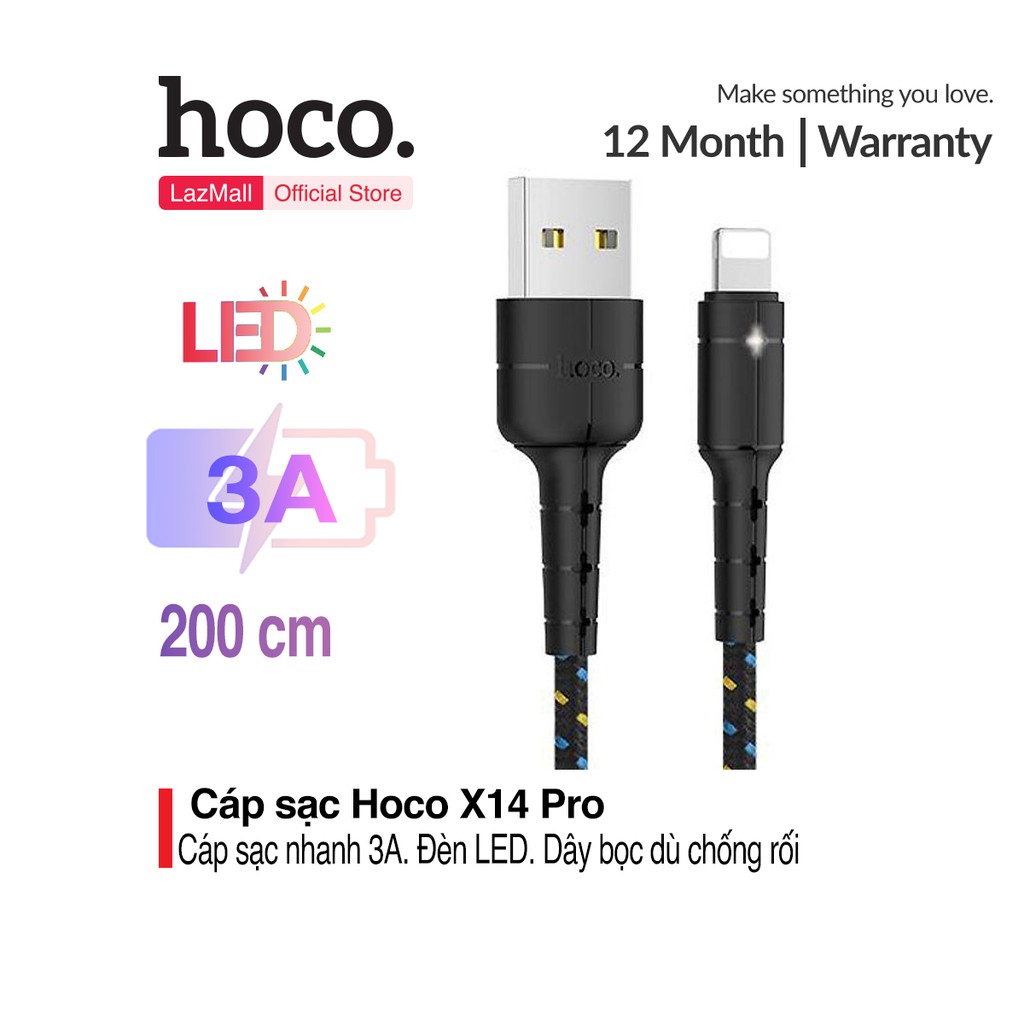 Cáp sạc Lightning Hoco X14 Pro cho iPhone XS max, iPhone 11, iPhone 11 Pro max, hỗ trợ sạc nhanh 3A Max - LED báo sạc