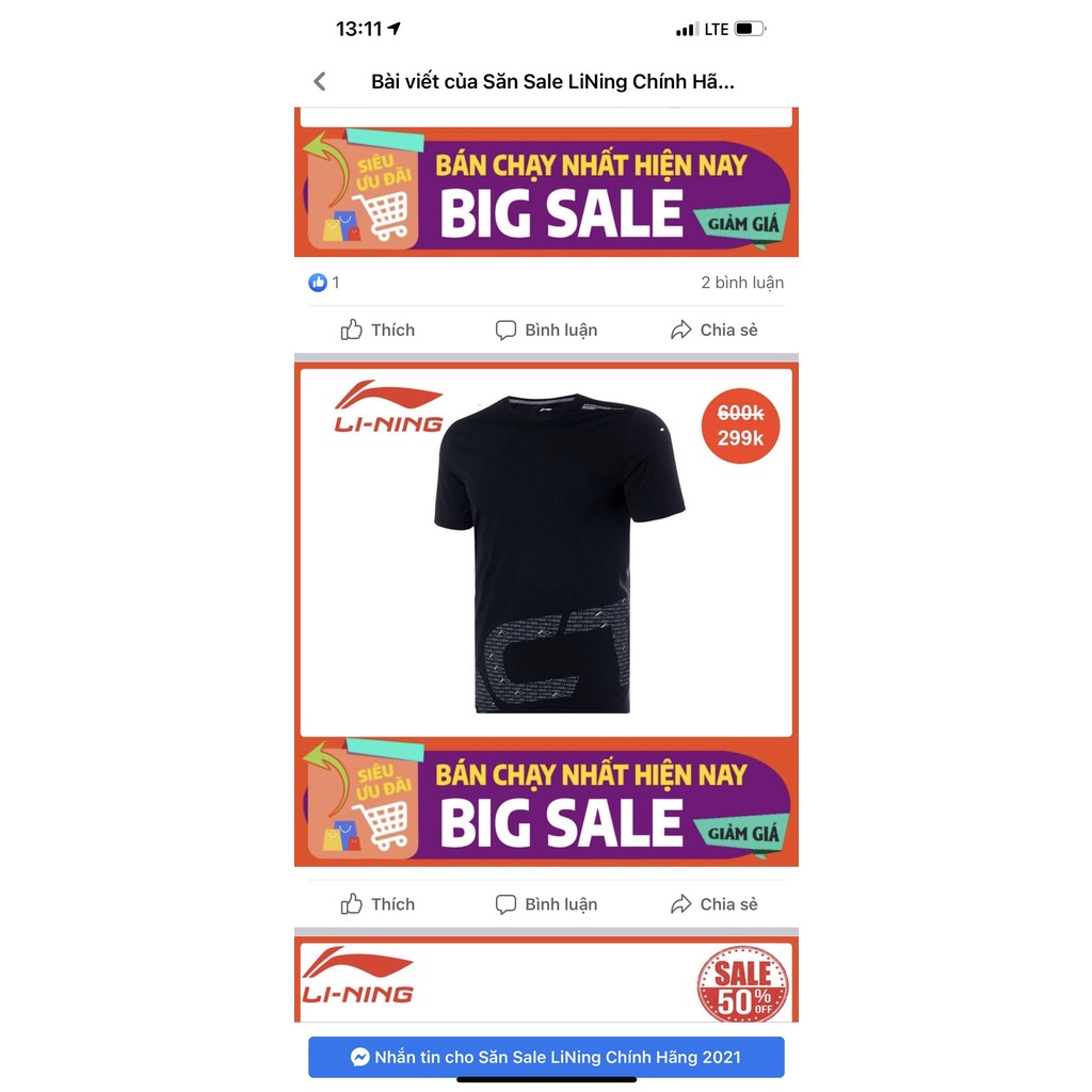 ÁO THUN LINING ATSQ095-1 100% CONTON BỀN NHẸ