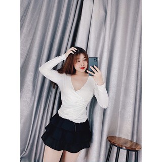 Áo thun đăp chéo ngực tay dài chất thun lụa mềm mịn
