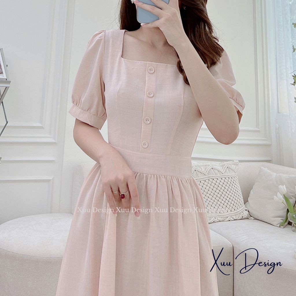Váy nữ thiết kế XUU kiểu cổ vuông dáng xòe kiểu dáng nhẹ nhàng thanh lịch - V09