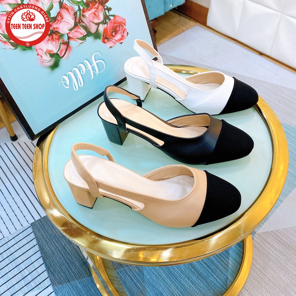 Sandal nữ khoét eo cao 6p mũi vuông phối màu đen nổi bật , giày nữ kiểu mới gót trụ giá rẻ, Teen Teen Shop.