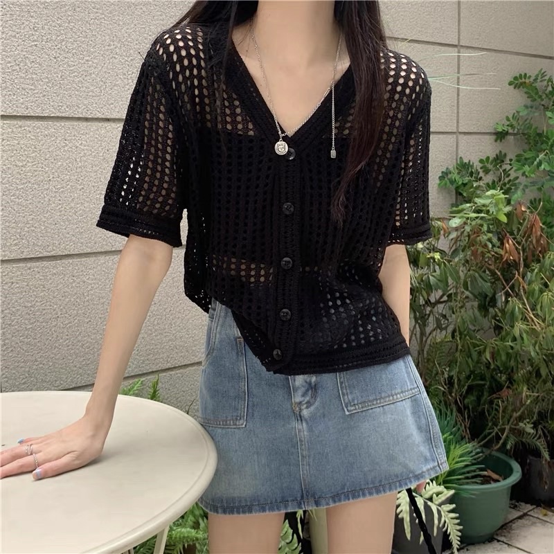 áo len lưới dệt kim mix viền kiểu cổ tim cài khuy (2515#)