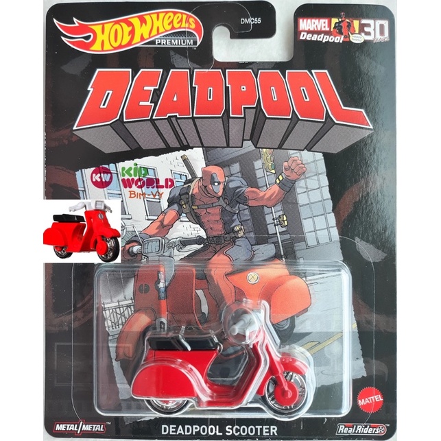 Xe mô hình Hot Wheels Premium Marvel Deadpool Scooter GRL78, bánh cao su.