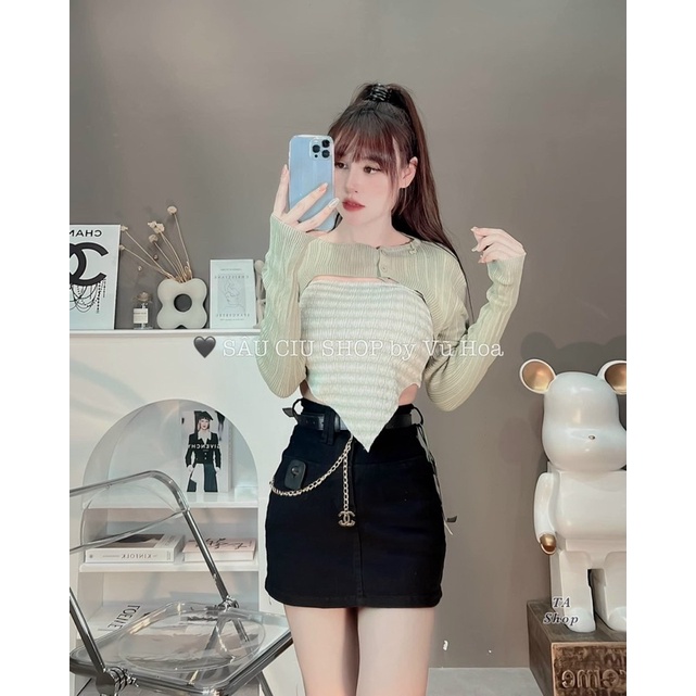 Áo len cặp hai chi tiết gồm áo hai dây kẻ mix áo cadigan choàng ngắn 327