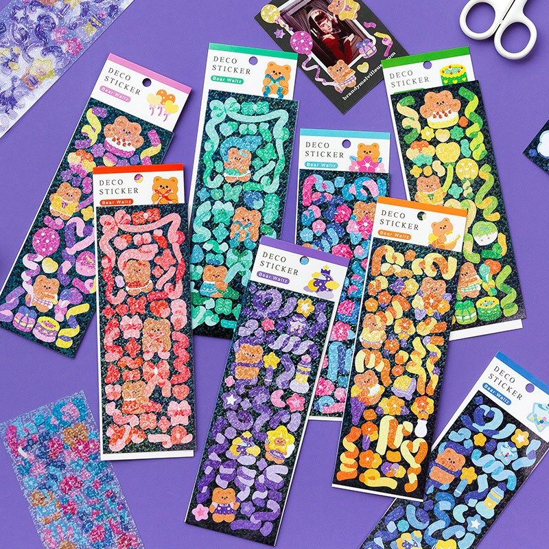 PeachSet 2 Sticker Dán Trang Trí Điện Thoại/ Album Ảnh Họa Tiết Gấu/Hoa Đào Lấp Lánh Kiểu Hàn Quốc