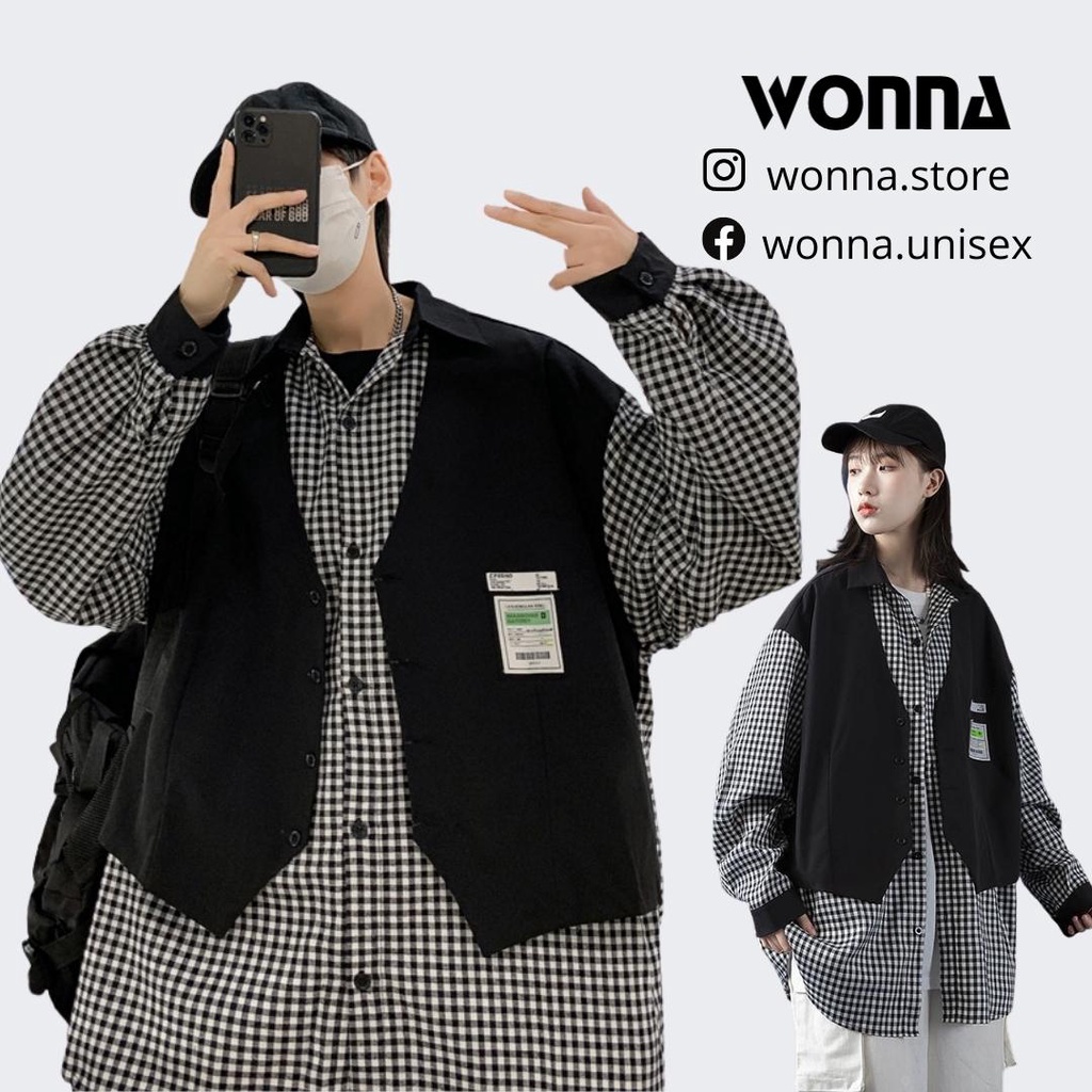 Áo khoác áo vest gile phối áo sơ mi caro trắng đen ulzzang unisex oversized Hàn Quốc street style nam nữ