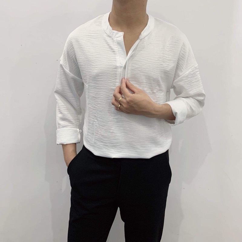 [ ẢNH THẬT ] Áo Sơ Mi Nam Cổ Tàu,Cổ Trụ Thời Trang Phong Cách Hàn Quốc From Lên Dáng Chuẩn Chất Đũi Siêu Mát Full Trắng