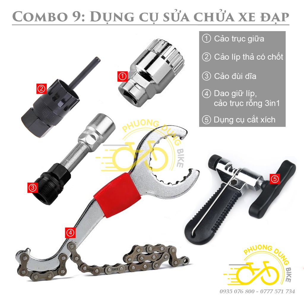 Combo9 - 5 món: Cắt xích, cảo líp vặn thả có chốt, trục giữa, đùi dĩa, dụng cụ giữ líp - cảo trục rỗng 3in1