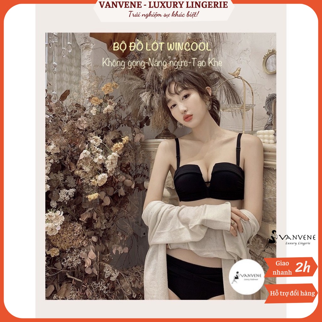 Bộ đồ lót VANVENE, AB506, bộ cup vuông xẻ ngực chữ V, không gọng đệm kép 2cm ôm nâng tự nhiên