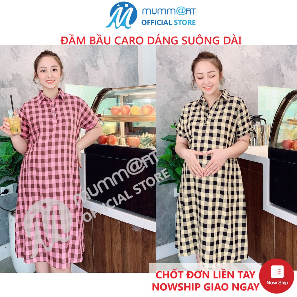 Đầm bầu công sở dáng dài, phom suông caro, mặc đi tiệc, kích thước lên đến 75kg - Mummart