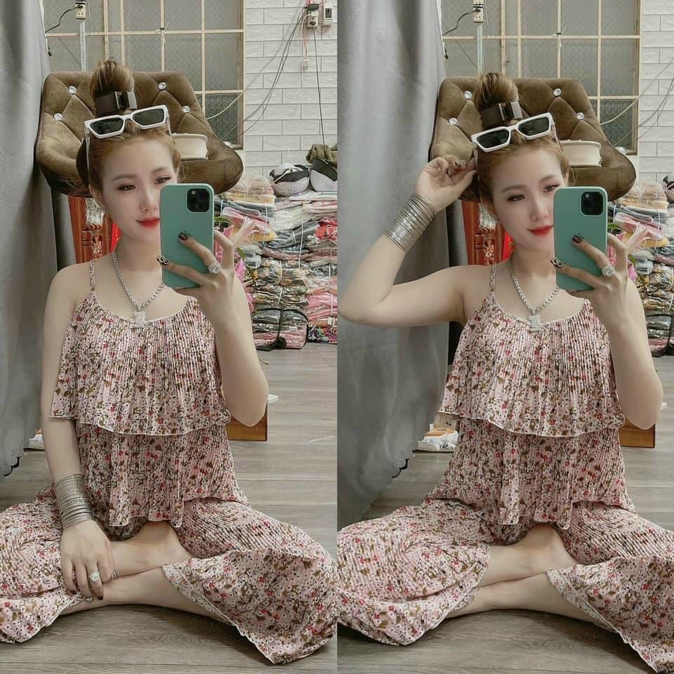 Sét Bộ Nữ Thời Trang Mặc Đi Chơi, Sét Bộ Lụa 100D 2 Dây Bèo Tầng Hoa Văn Hoa Nhí Quần Dài Ống Rộng