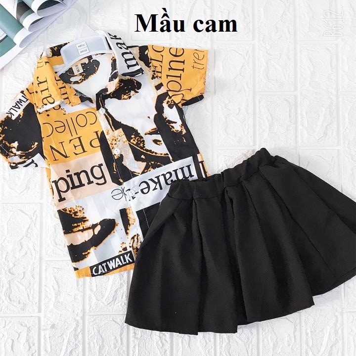 Váy bé gái gồm áo sơ mi và chân váy đen xếp ly XHN231