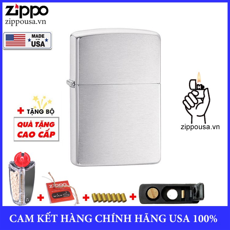 Hộp Quẹt Zippo USA Brushed Chrome 200 - Hàng Chính Hãng Mỹ