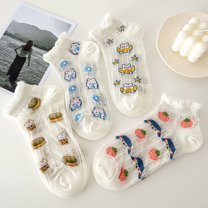 Vớ Ren Siêu Mỏng Thoáng Khí Màu Trắng Hình Gấu Dễ Thương Cho Nữ