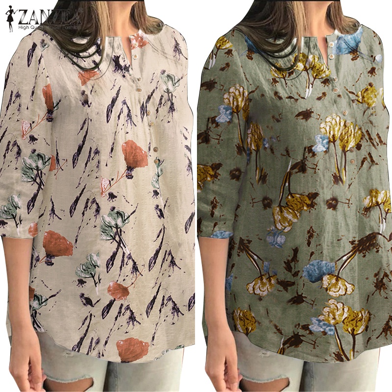 Zanzea Áo Sơ Mi Tay 3 / 4 Bằng Cotton In Họa Tiết Dành Cho Nữ