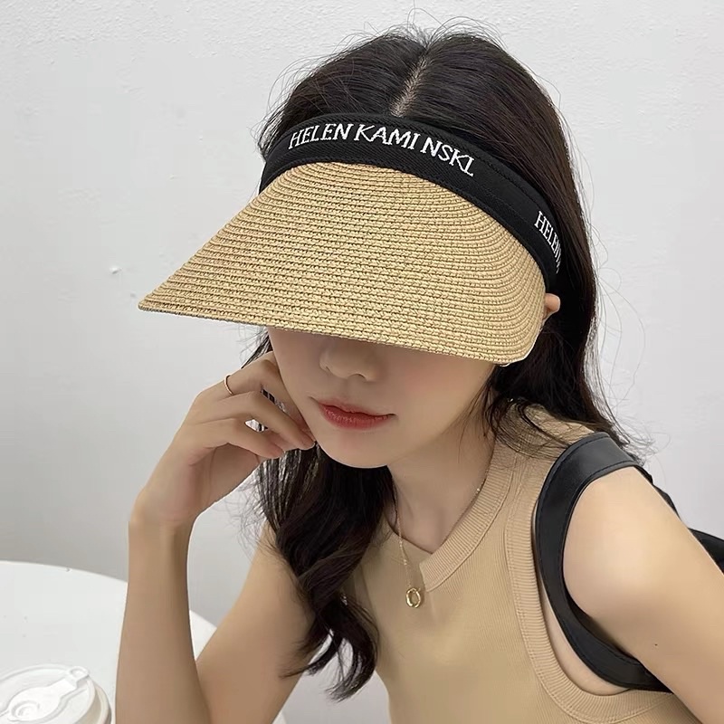 Mũ cói hở chóp vành rộng chống nắng hoạ tiết chữ đầu , phụ kiện thời trang nữ