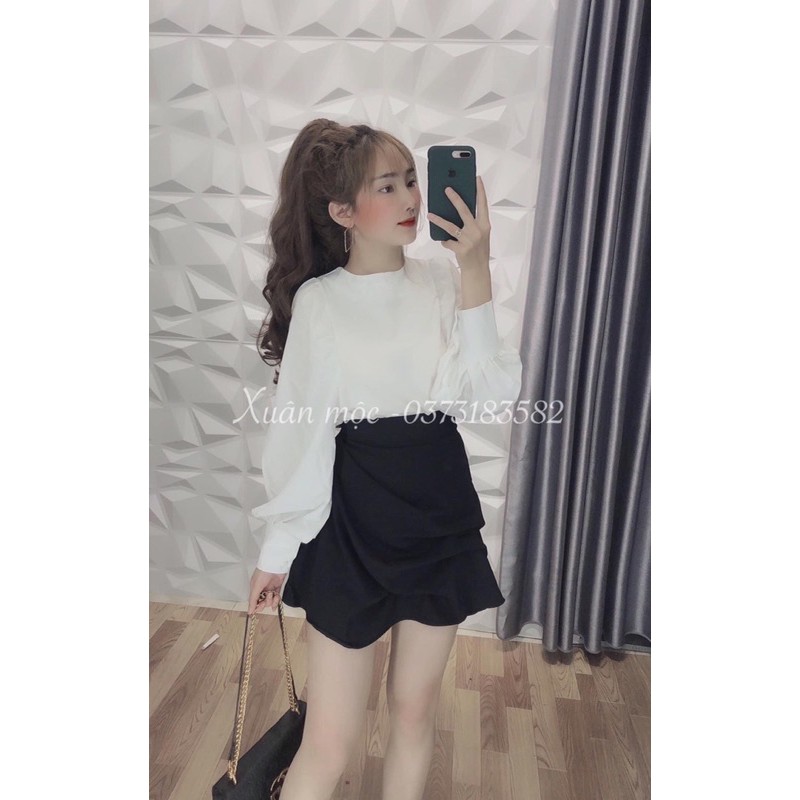 Set áo sơ mi phối chân váy ngắn rúm siêu xinh