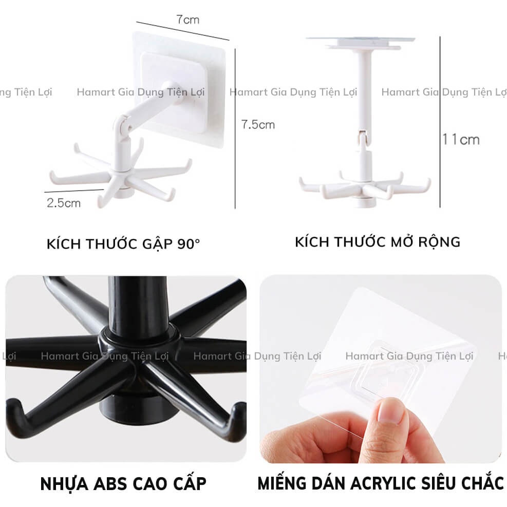 Giá Móc Treo Đồ Nhà Bếp Nhà Tắm Đa Năng Hamart 6IN1 XOAY 360° Kèm Miếng Dán Tường Siêu Dính