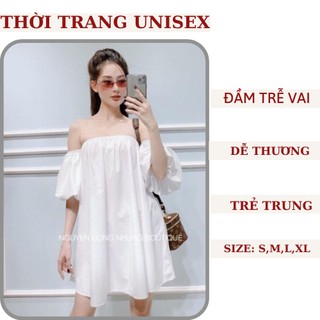 (ảnh thật) đầm nữ 🍓🍓váy trễ vai tay bồng, màu trắng dáng suông, dễ thương, syte ulzzang, HANHMAI2001