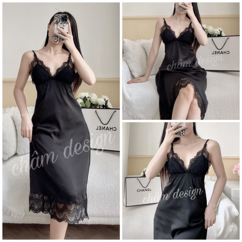 Váy ngủ lụa satin đen dáng dài phần ngực nguyên ren sexy, hàng thiết kế, váy có 3 cỡ khách hãy ib để shop chọn cỡ chuẩn