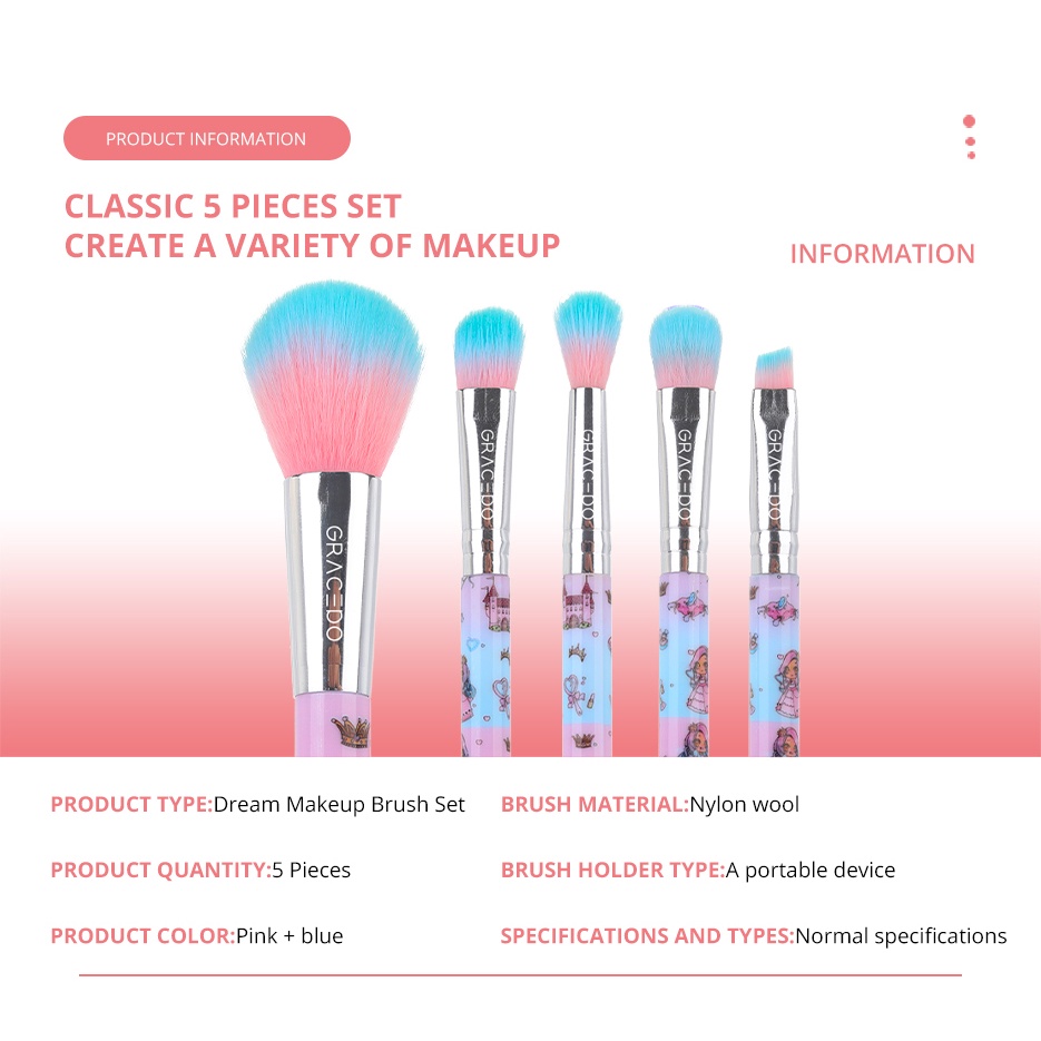 GRACEDO 5 Cái Bộ Cọ Trang Điểm Hoạt Hình Mini Màu Hồng Và Xanh