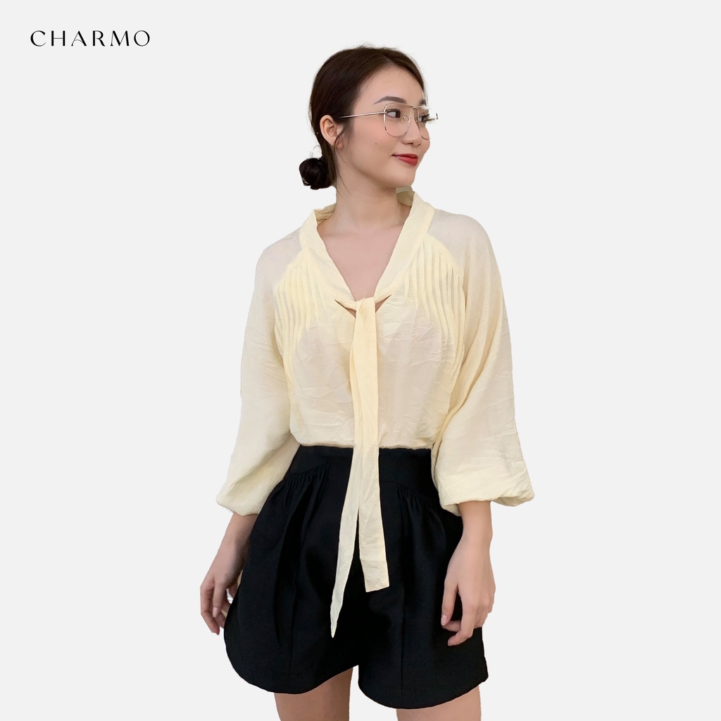 [Mã BMBAU50 giảm 50K đơn 150K] Áo kiểu tay dài CHARMO màu ngọt mát sang chảnh freesize Pleated Neck Top