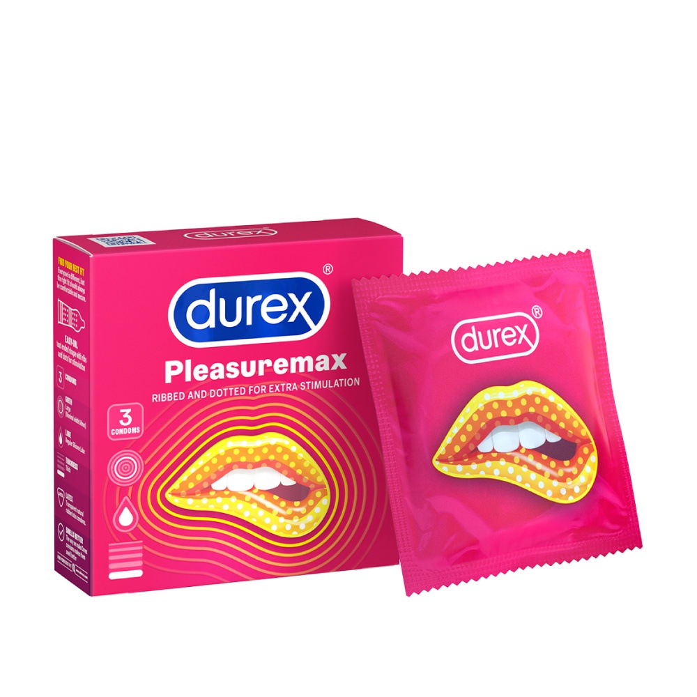 Bao cao su Durex Pleasuremax gân gai tăng khoái cảm, size 56mm, hộp 3 bao