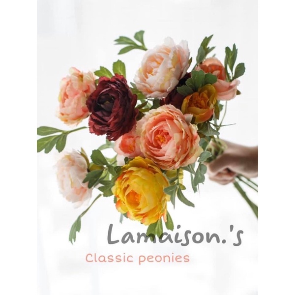 Cành mẫu đơn lụa cổ điển cao 58cm đẹp sang trọng, hoa decor thiết kế, hoa cô dâu