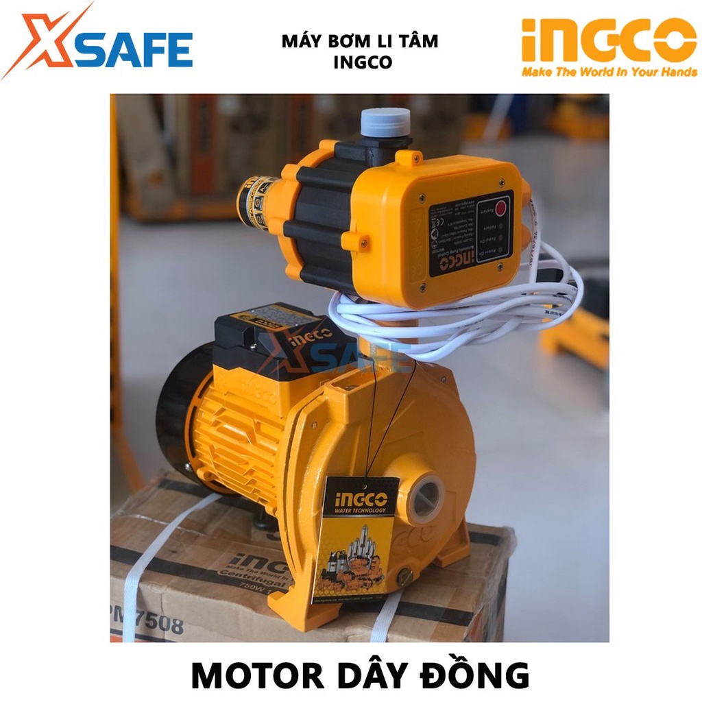 Máy bơm li tâm INGCO CPM7508 Máy bơm nước công suất 750W(1HP), chiều cao bơm tối đa 30m, hút/bơm sâu tối đa 8m - XSAFE