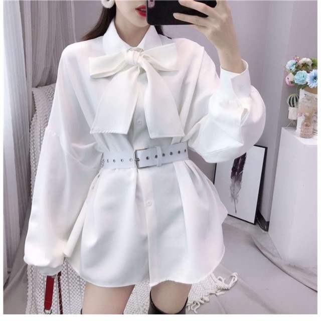 [SẴN TRẮNG] Áo form dài cột nơ kèm nịt lưng Ulzzang