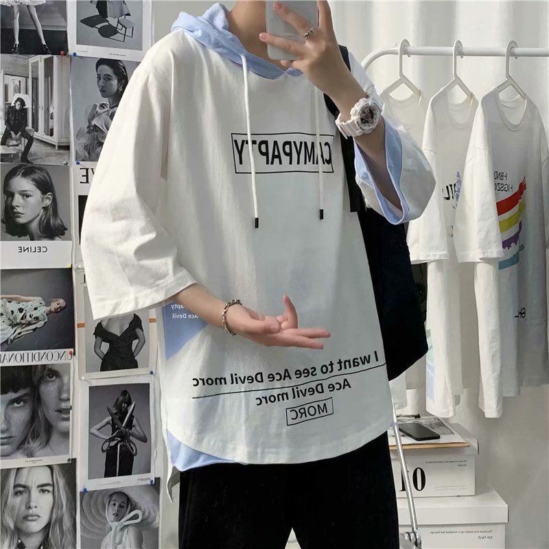 Áo hoodie giả hai lớp tay ngắn dáng rộng thời trang mùa hè cho nam giới
