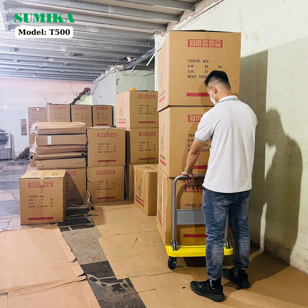 Xe đẩy hàng 4 bánh sàn nhựa SUMIKA T500, tải trọng 500kg, bánh xe nhựa PU đàn hồi, tay cầm gấp gọn