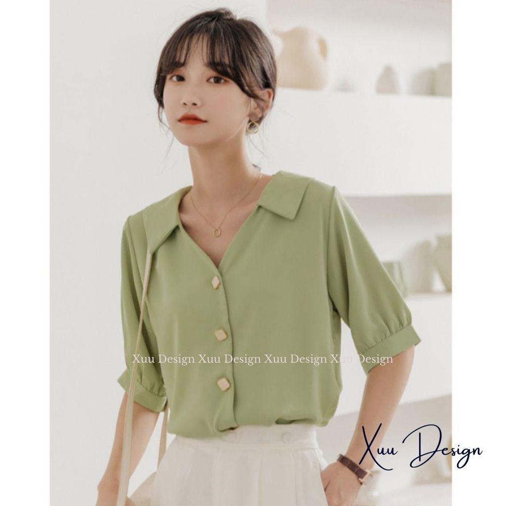 Áo sơ mi nữ kiểu cổ V Xuu Design, kiểu dáng basic trơn tay lỡ thời trang - SP44