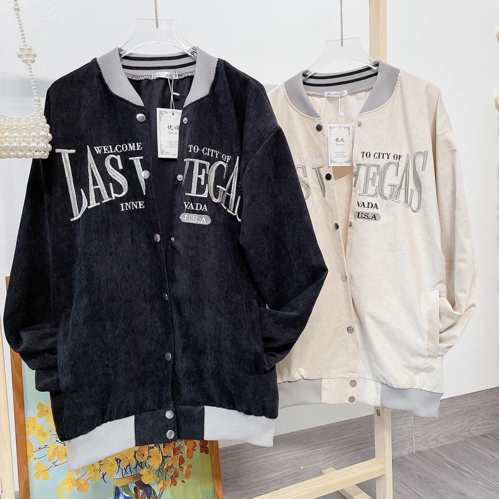 Áo Khoác Nữ Nhung Tăm Thêu Chữ LAS UNISEX, Áo Bomber Nữ Siêu chất