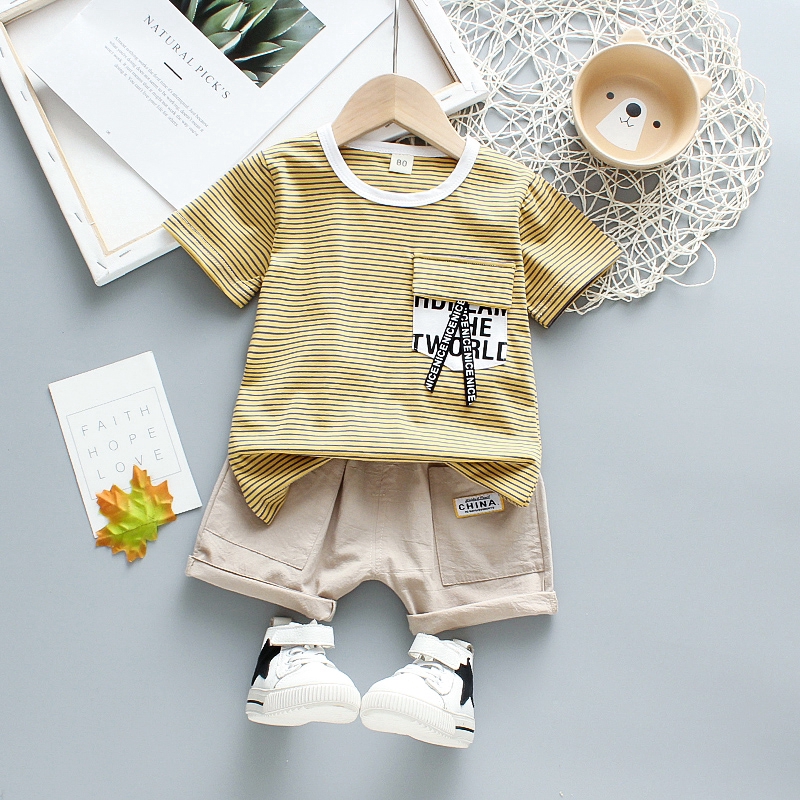 Bộ áo tay ngắn bằng cotton họa tiết sọc kèm quần short phong cách tay ngắn dành cho trẻ em 0-5 tuổi