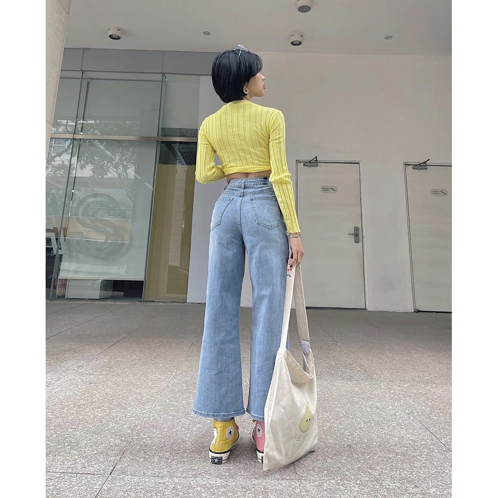 Quần culotes jeans CHICMONKI lưng cao 2 nút xanh nhạt chất liệu co giãn phom suông vừa CMJ883
