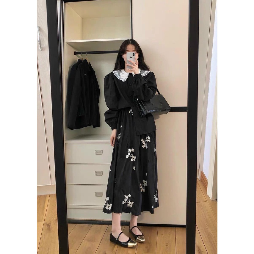 Cv490 - chân váy nhung phối hoa sang chảnh