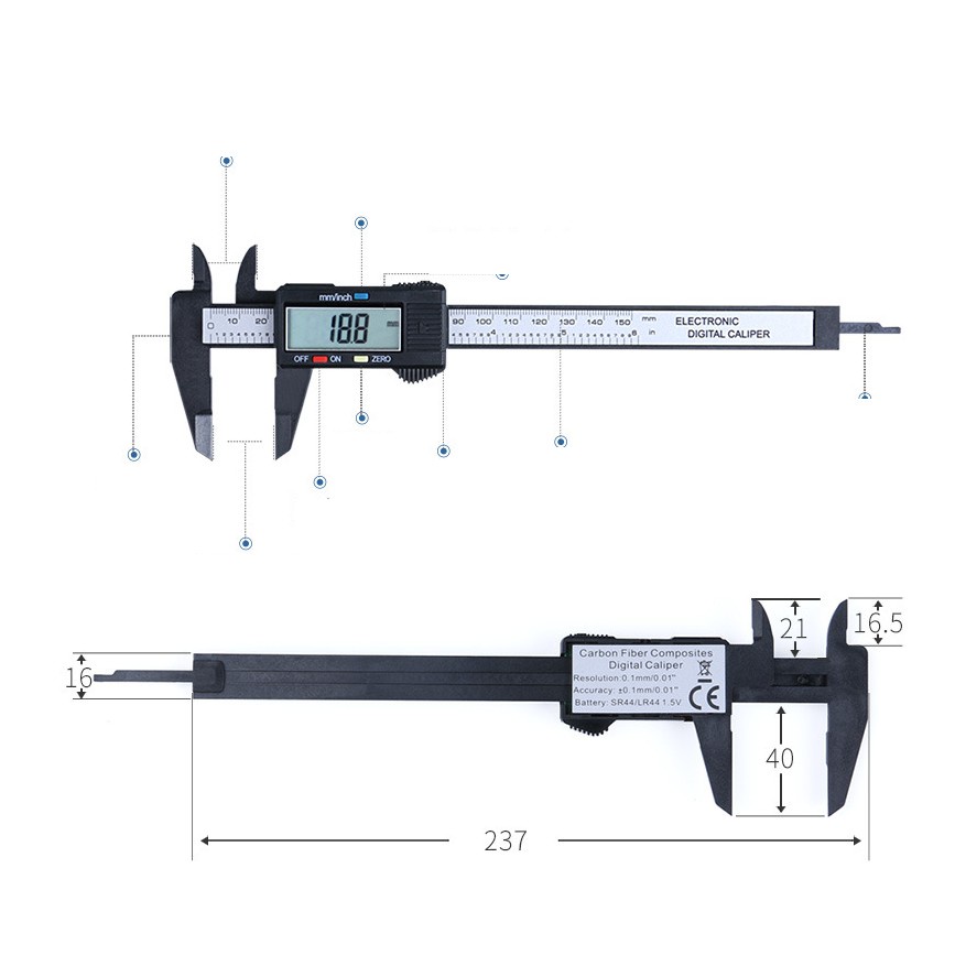 [Tặng kèm pin] Thước Kẹp Điện Tử Sợi Nhựa Carbon