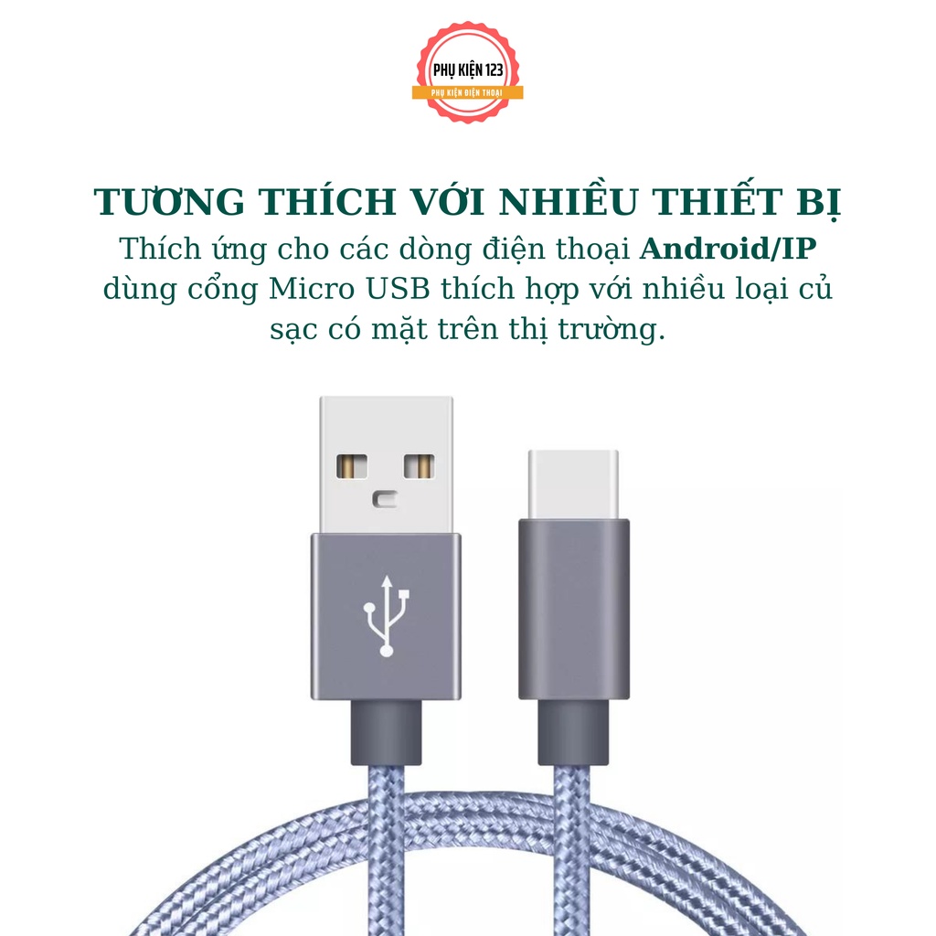 Dây cáp sạc chất liệu dây dù độ dài  3m tương thích chân sạc TYPE C,MICRO,I -Phụ Kiện 123