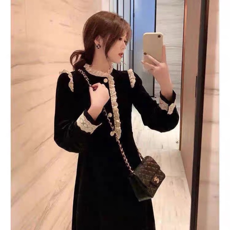 Áo Nhung Đen Phối Cổ Tay Ren, Áo Kiểu Hàn Quốc Xinh Xắn