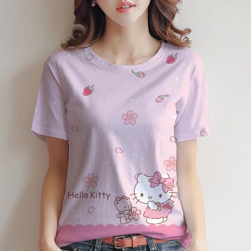 Áo Thun Nữ Ngắn Tay Cổ Tròn In Hình Hello Kitty