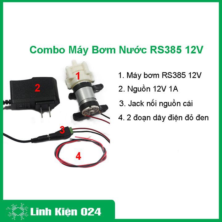Bộ máy bơm nước RS385 kèm nguồn 12V-1A, 01 jack nối nguồn cái, 02 đoạn dây đỏ đen