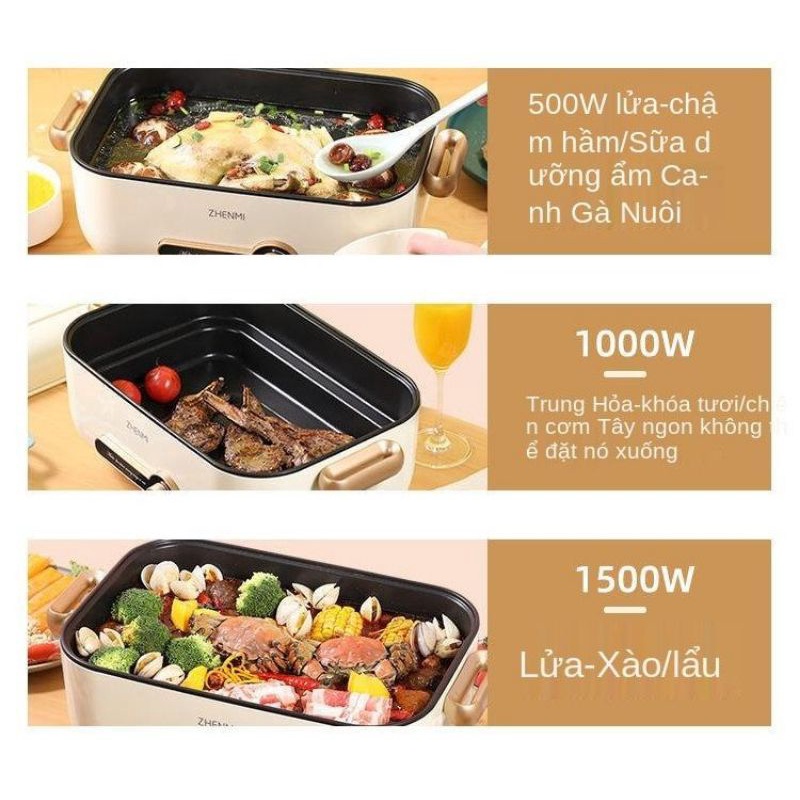 Nồi lẩu, bếp nướng, hấp, chiên, xào, rán đa năng zhenmi dung tích 4 lít, công suất 1500w bảo hành chính hãng 12 tháng
