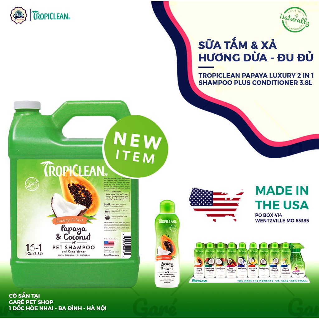 355ml - Sữa tắm, xả Luxury 2-in-1 Papaya &amp; Coconut - TropiClean Papaya &amp; Coconut