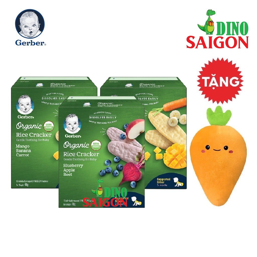 [Tặng 1 Gối Ôm Cà Rốt] Bộ 2 hộp Bánh Gạo Hữu Cơ Gerber Organic Vị Xoài Chuối Cà Rốt và 1 Hộp Vị Việt Quất Táo Củ Cải Đỏ