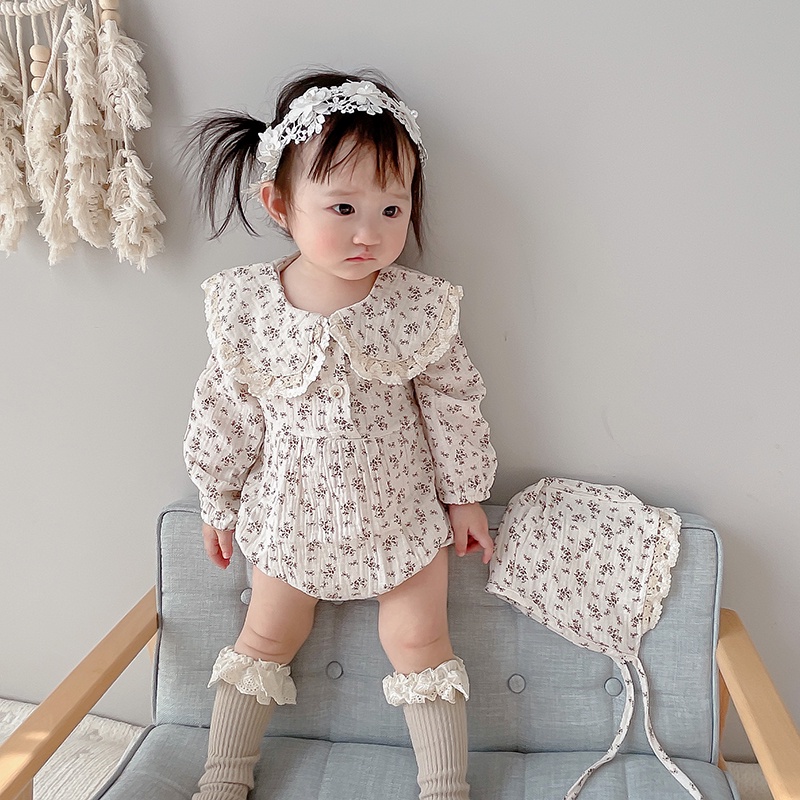 Set áo liền quần &amp; mũ trùm đầu in hoa cho bé gái sơ sinh