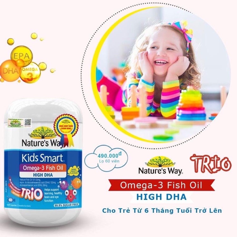 Nature's Way Kids Smart Omega 3 Fish Oil TRIO - Viên dầu cá bổ sung DHA phát triển trí tuệ cho bé (Hộp 60v)